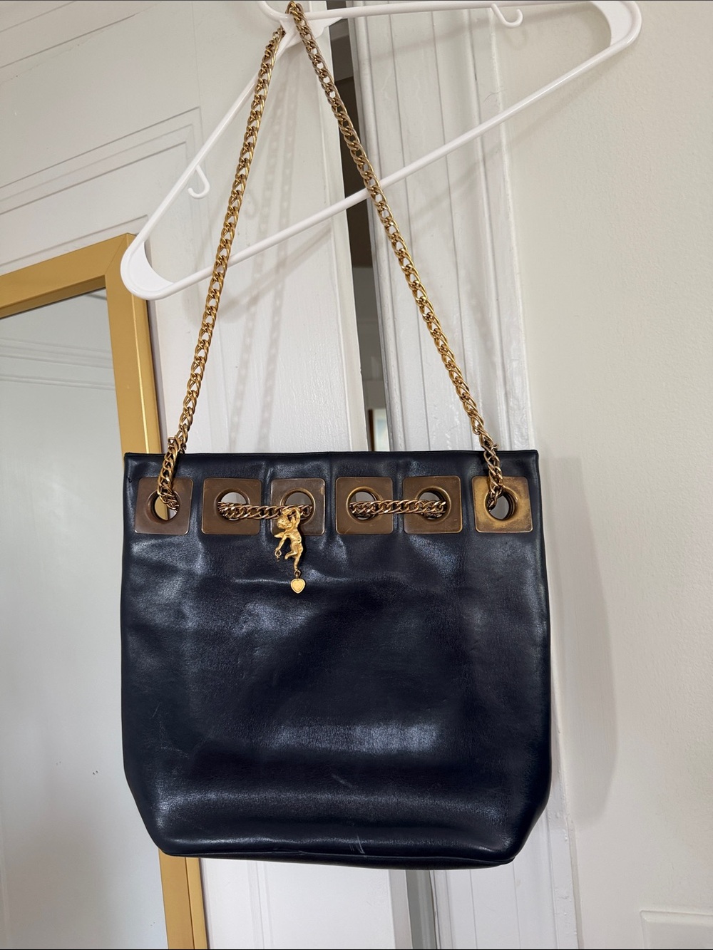 Navy Leather Shoulder Tote with Gold Chain Accents